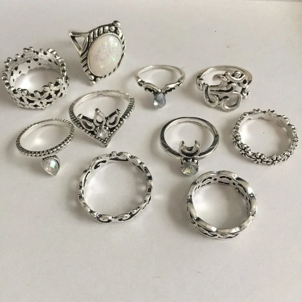 10 Piece Floral White Opal Midi Ring Set